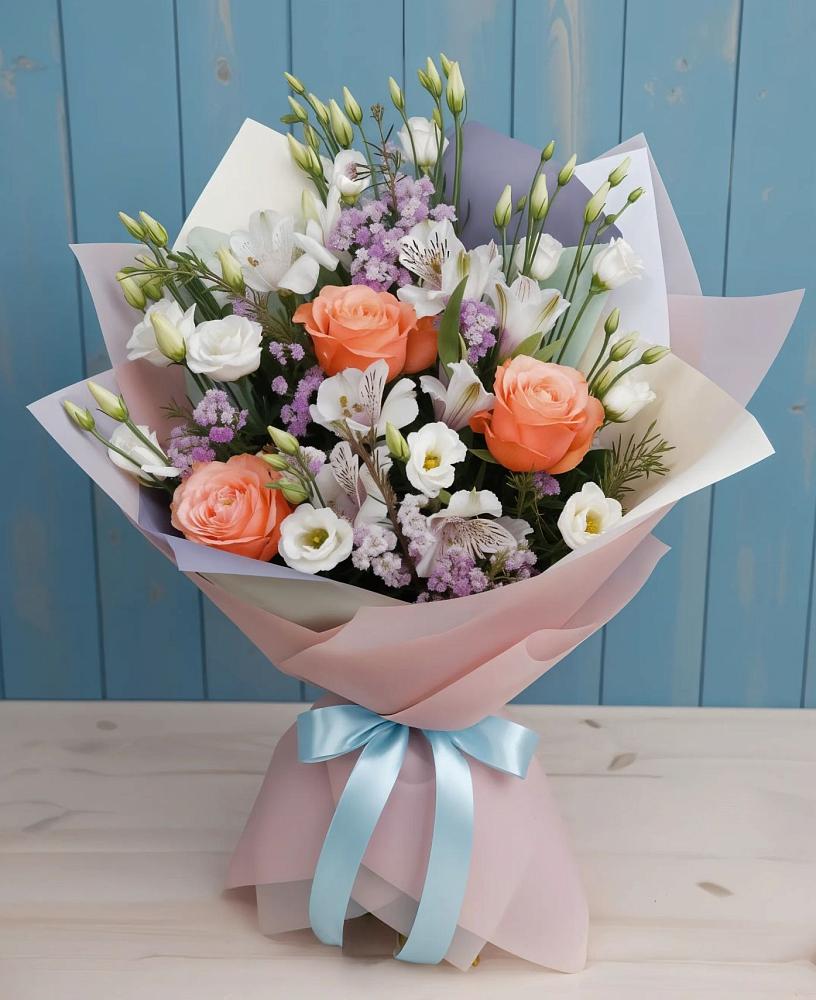 Букет цветов из: Лизиантусы, Розы, Альстромерии и Гипсофила в Федоровка Республика Башкортостан